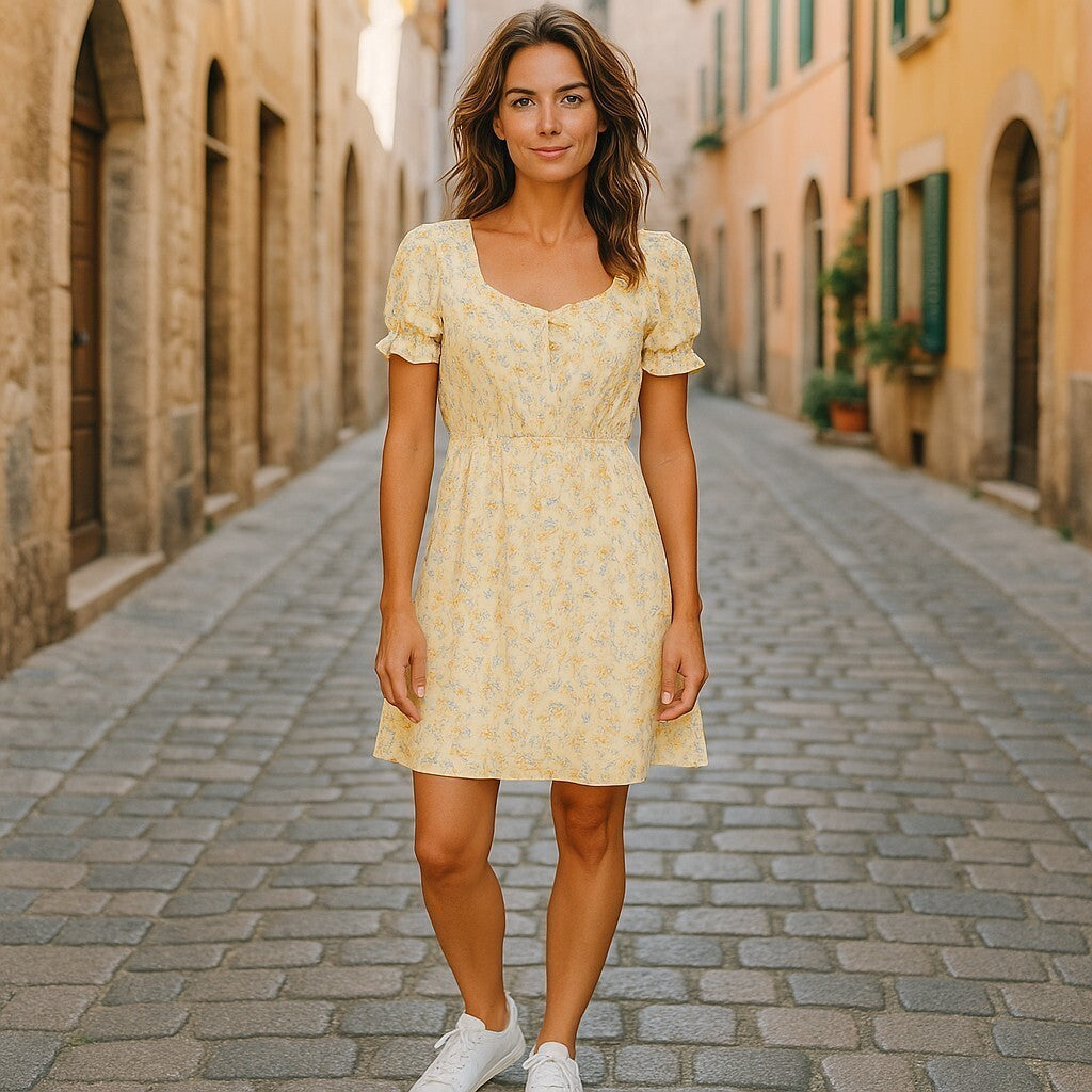 LAUREN RALPH LAUREN moteriška suknelė M geltona trumpomis pūstomis rankovėmis gėlėtu raštu mini 