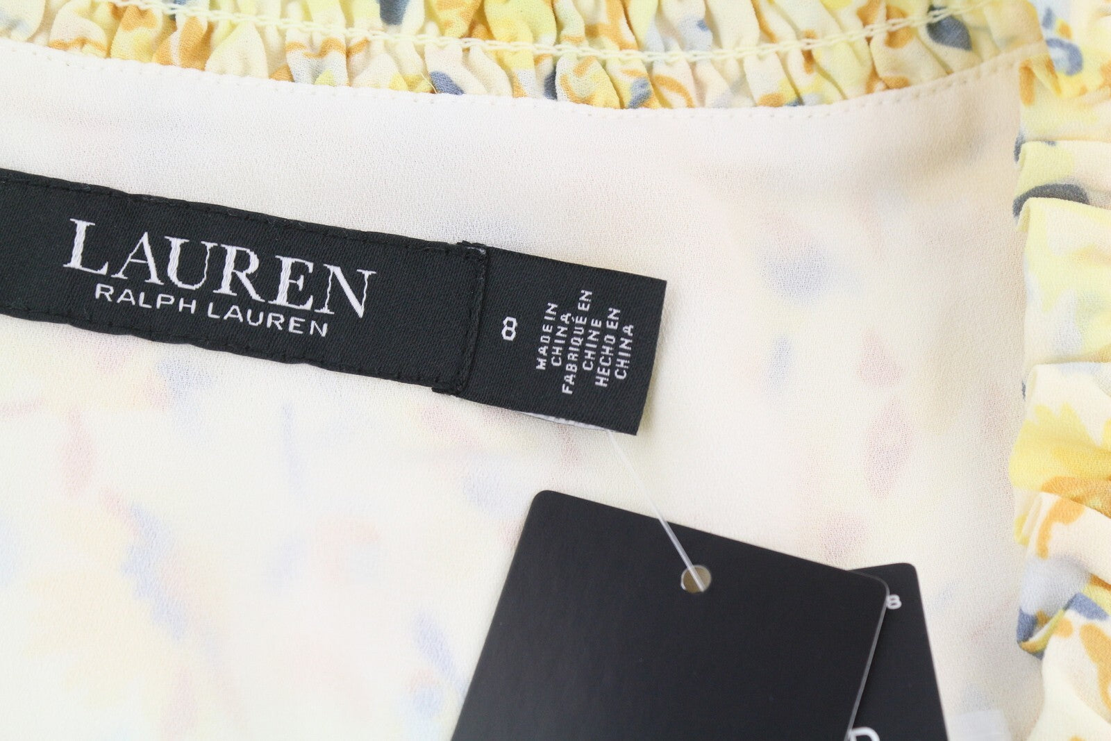 LAUREN RALPH LAUREN moteriška suknelė M geltona trumpomis pūstomis rankovėmis gėlėtu raštu mini 