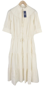 RALPH LAUREN Elia moteriška suknelė S, balta, 3/4 rankovėmis, raukiniais aptraukta apykakle, medvilninė midi suknelė 