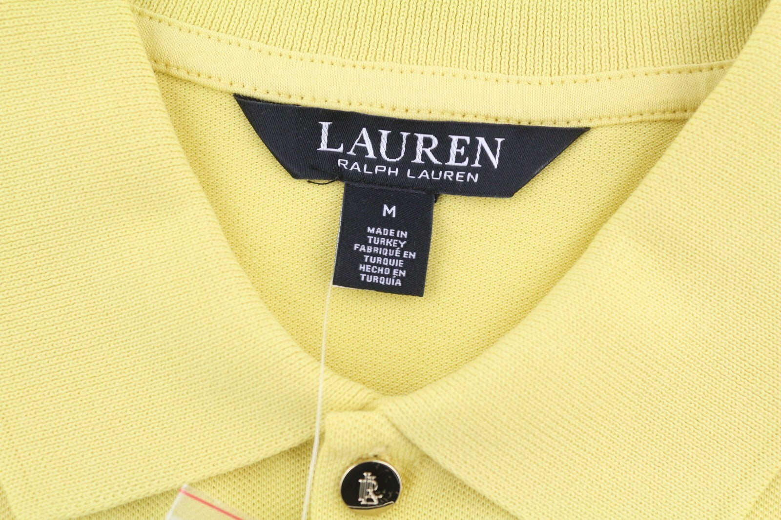 LAUREN RALPH LAUREN moteriški marškinėliai M geltoni trumpomis rankovėmis polo apykakle su medvilniniu logotipu