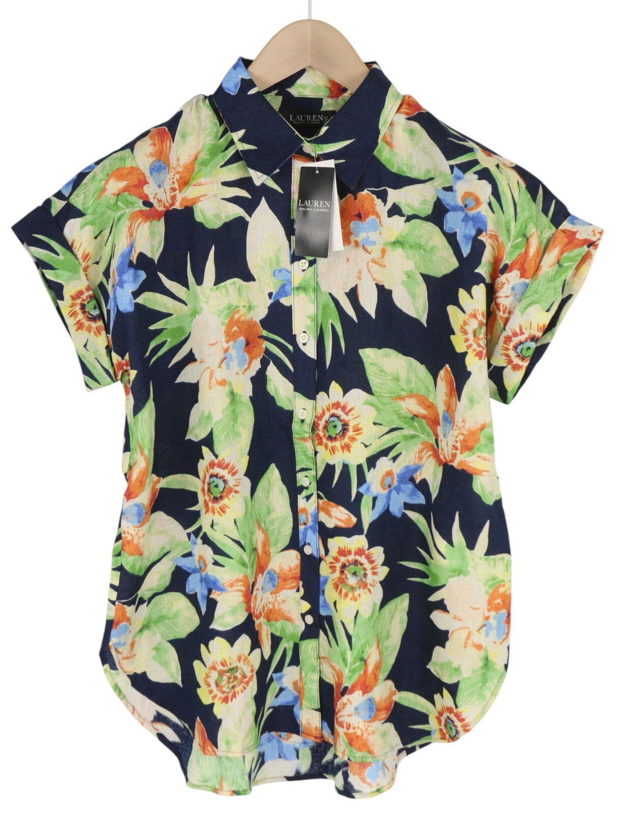 LAUREN RALPH LAUREN moteriški marškinėliai trumpomis rankovėmis, 2XL dydžio, lininiai su sagomis ir gėlėmis. Rekomenduojama kaina – 169 €. 