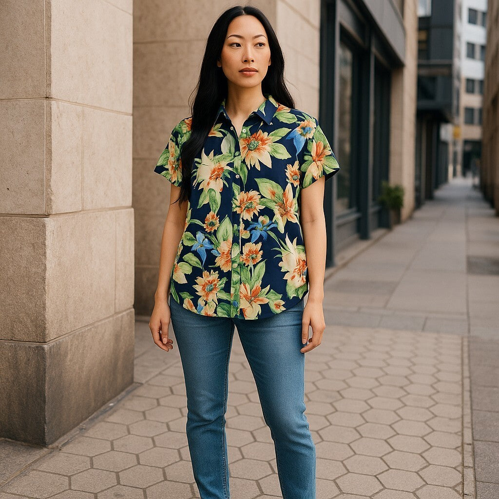 LAUREN RALPH LAUREN moteriški marškinėliai M trumpomis rankovėmis su sagomis ir gėlėtu raštu. Rekomenduojama kaina – 169 €. 