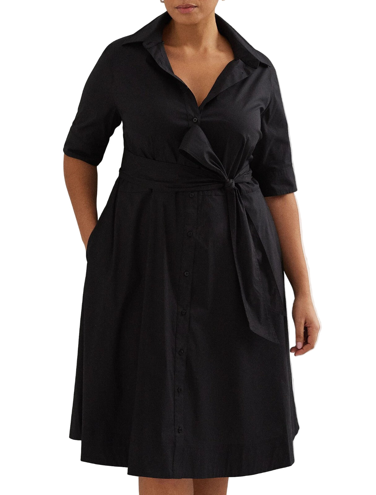 LAUREN RALPH LAUREN Finnbarr moteriška suknelė, juoda, trumpomis rankovėmis, sagomis, midi. 