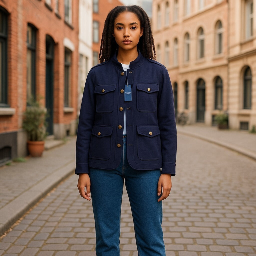 RALPH LAUREN moteriškas švarkas S dydžio tamsiai mėlynas su uždėtinėmis kišenėmis ir tekstūruotomis sagomis. Rekomenduojama kaina – 229 €. 