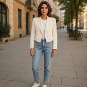 RALPH LAUREN moteriškas švarkas S, baltas, trumpintas vilnos mišinio švarkas su atvartu, rekomenduojama kaina – 963 USD 