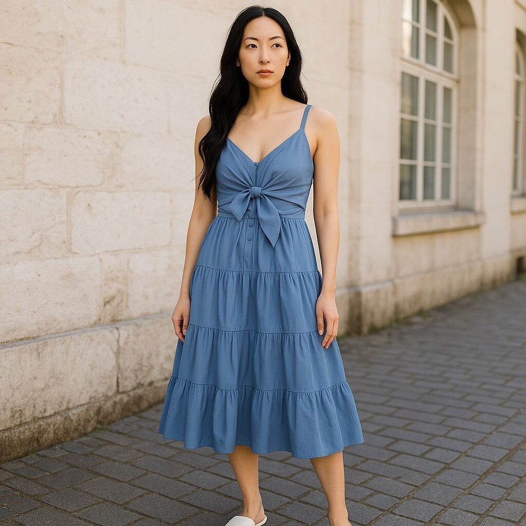 LAUREN RALPH LAUREN moteriška suknelė S mėlyna be rankovių su raišteliais priekyje, kelių lygių, rekomenduojama kaina – 185 € 