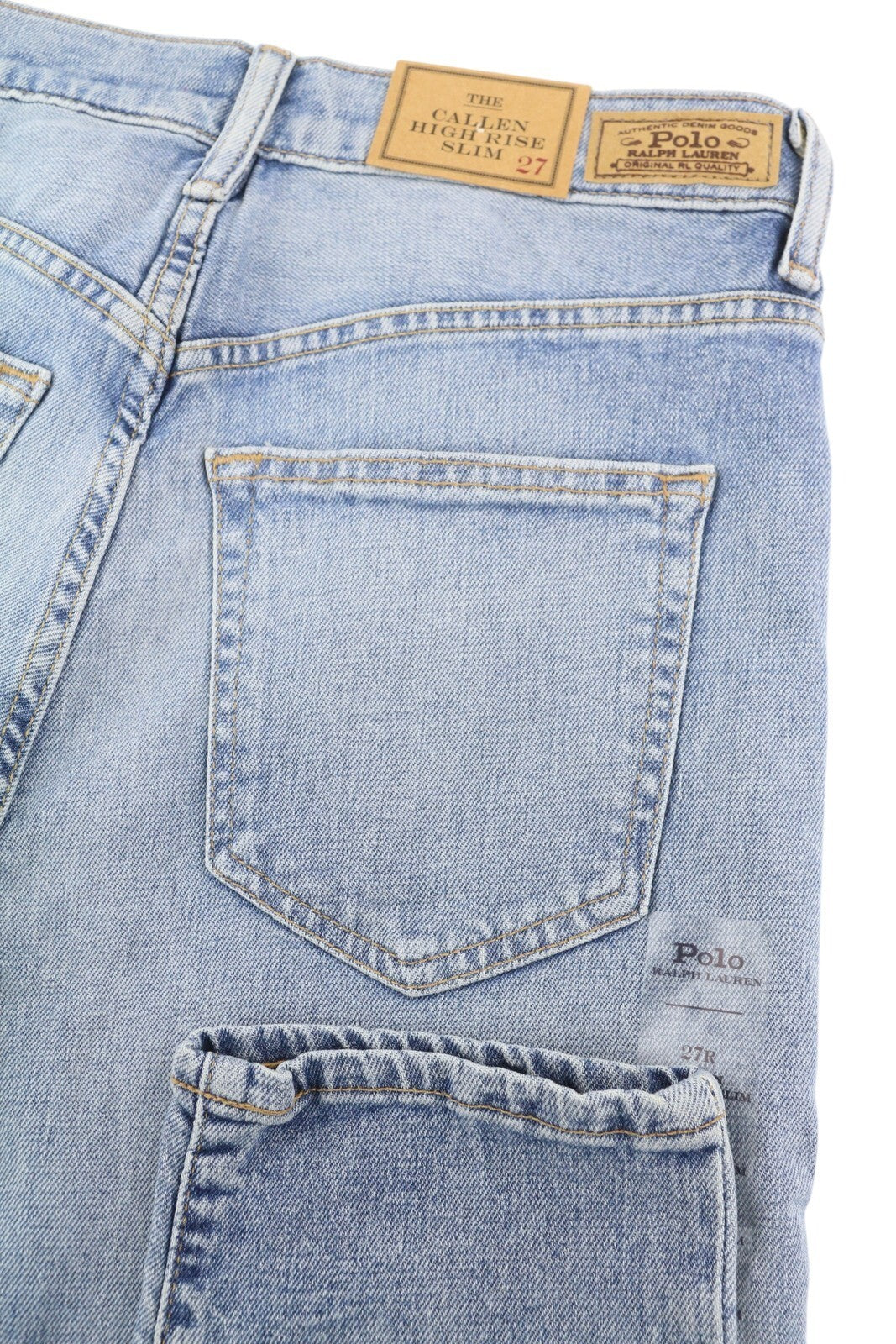 RALPH LAUREN Callen moteriški džinsai W27 skalbtos mėlynos spalvos aukštu liemeniu, ploni, su sagomis 