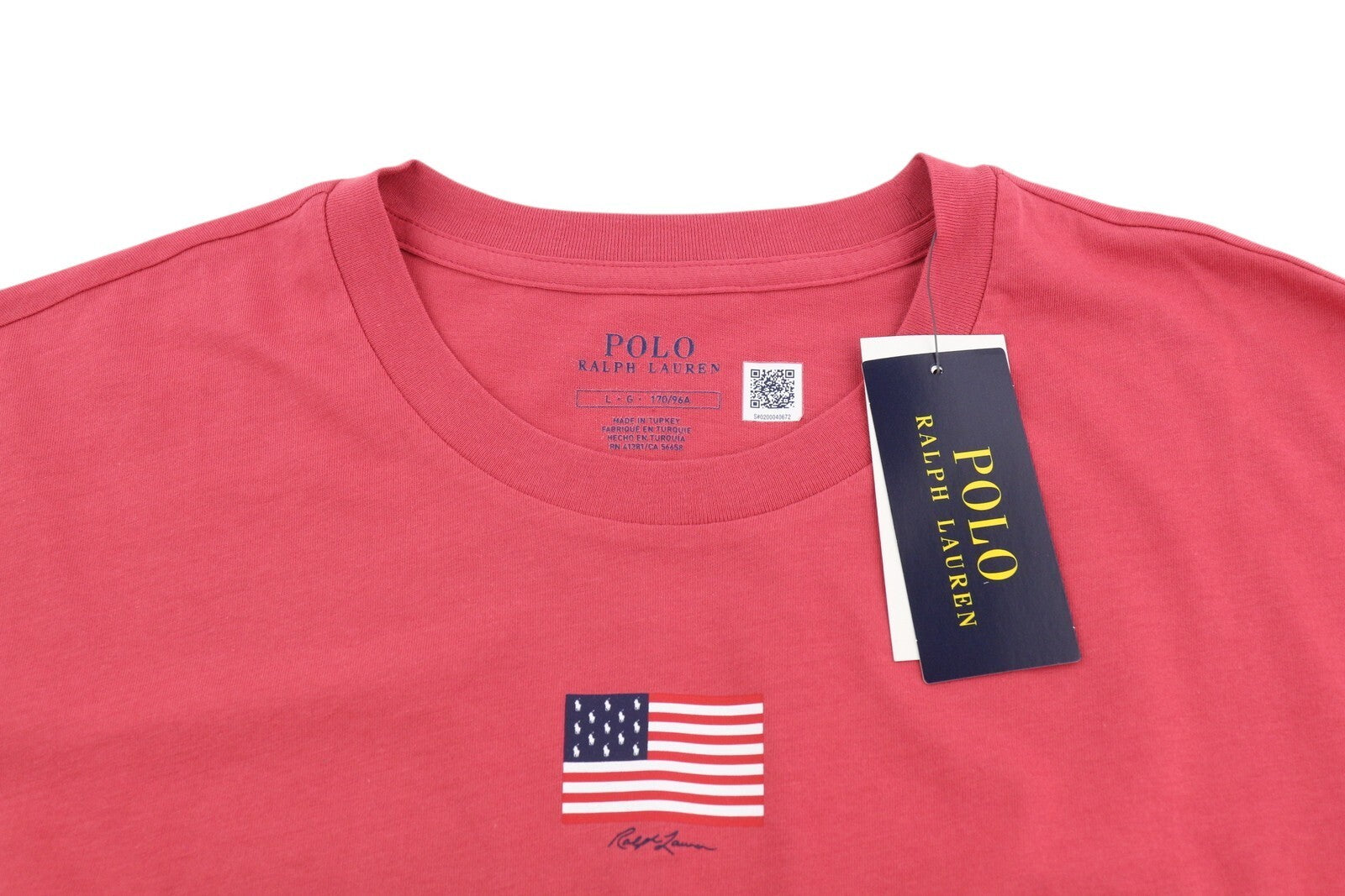 RALPH LAUREN moteriški marškinėliai L dydžio, raudoni, trumpomis rankovėmis, apvalios iškirptės, trikotažo tamprūs raštai 