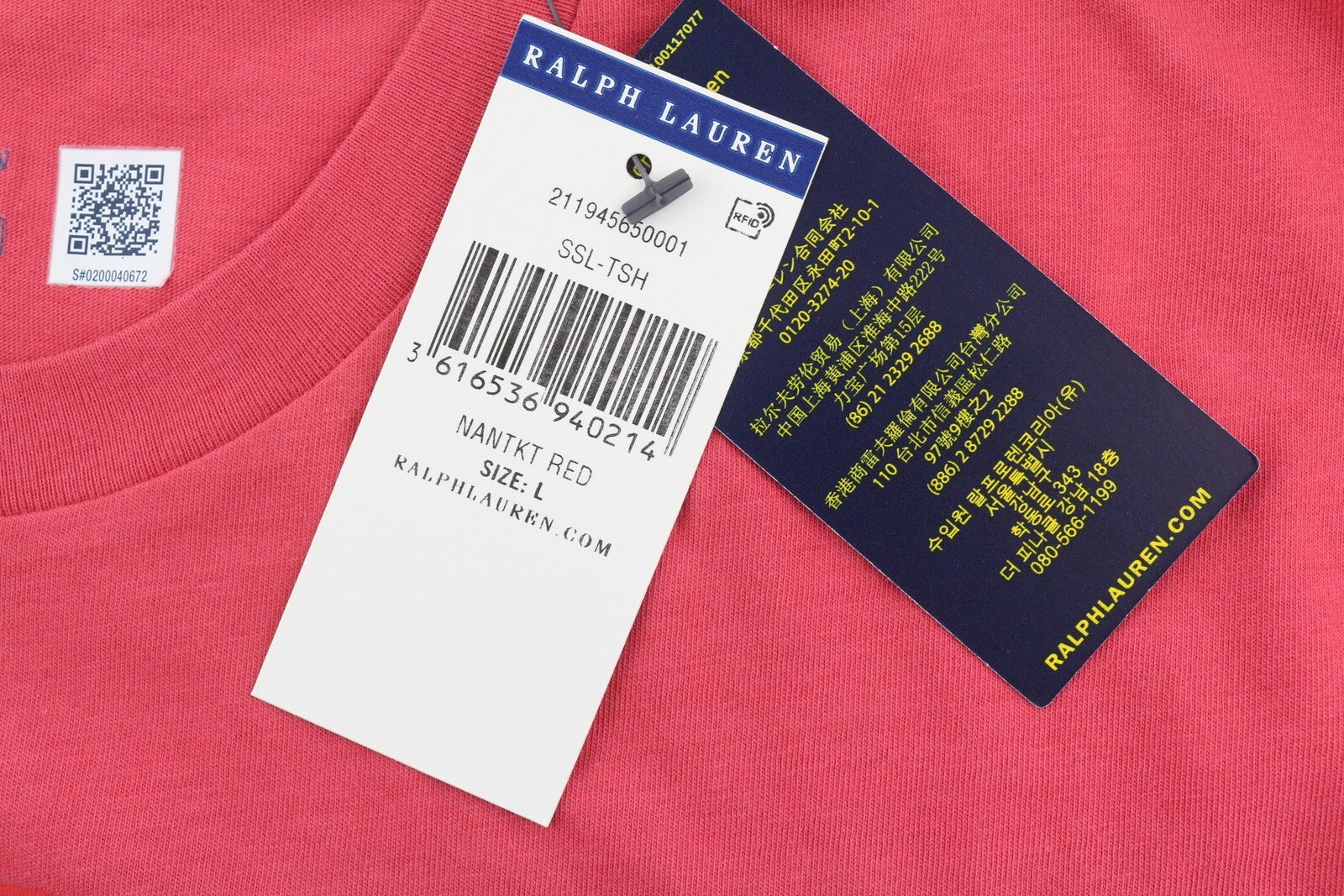 RALPH LAUREN moteriški marškinėliai L dydžio, raudoni, trumpomis rankovėmis, apvalios iškirptės, trikotažo tamprūs raštai 