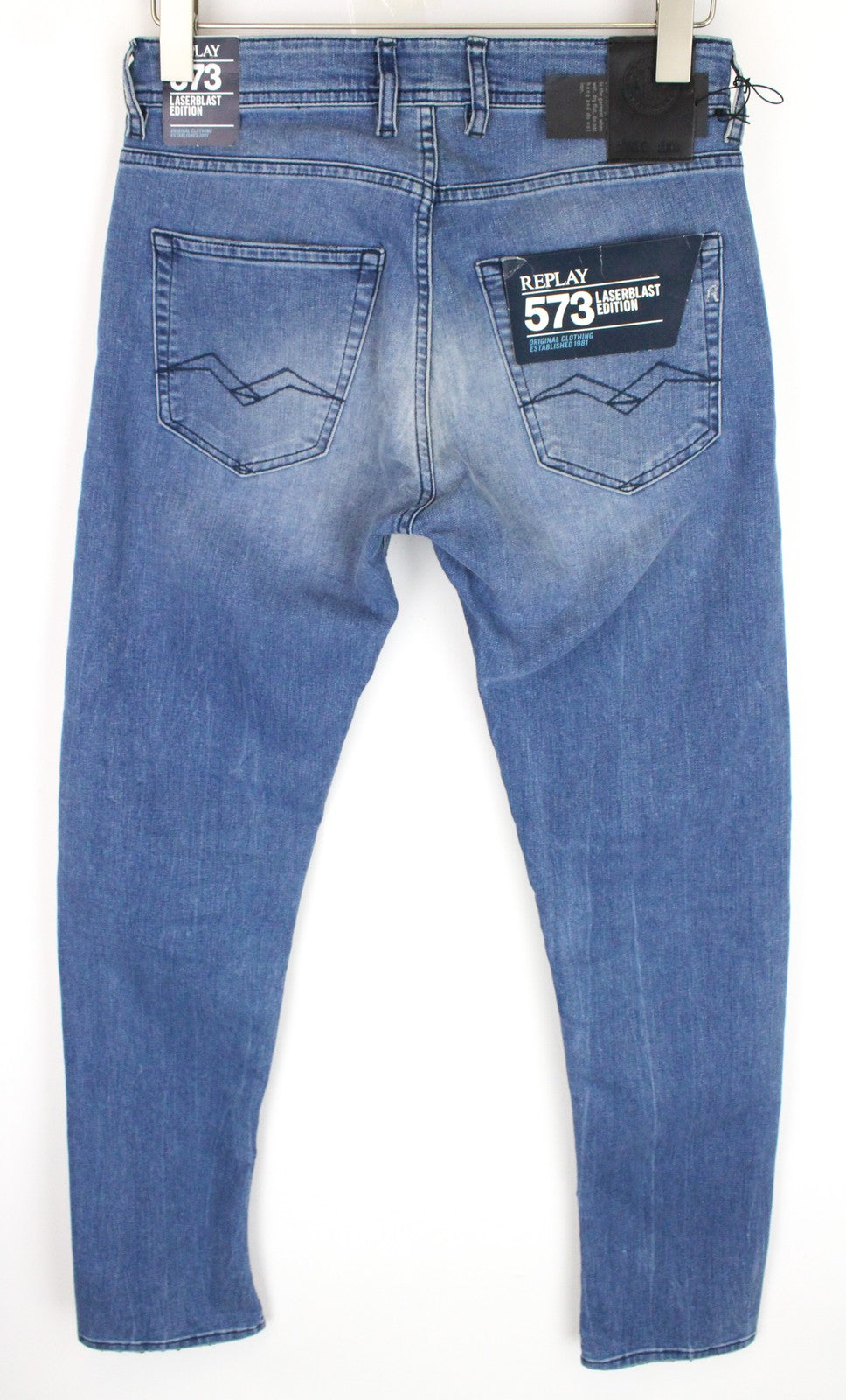 REPLAY Grover vyriški džinsai W29/L34 mėlyni tiesūs su sagomis, klasikinio stiliaus, tamprūs 
