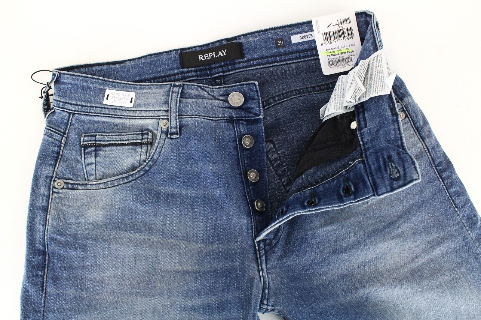 REPLAY Grover vyriški džinsai W29/L34 mėlyni tiesūs su sagomis, klasikinio stiliaus, tamprūs 