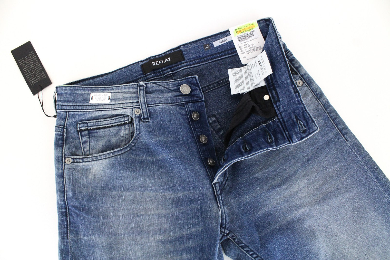 REPLAY Grover Men's Jeans W30/L34 Blue Straight Button-Fly Classic Stretch