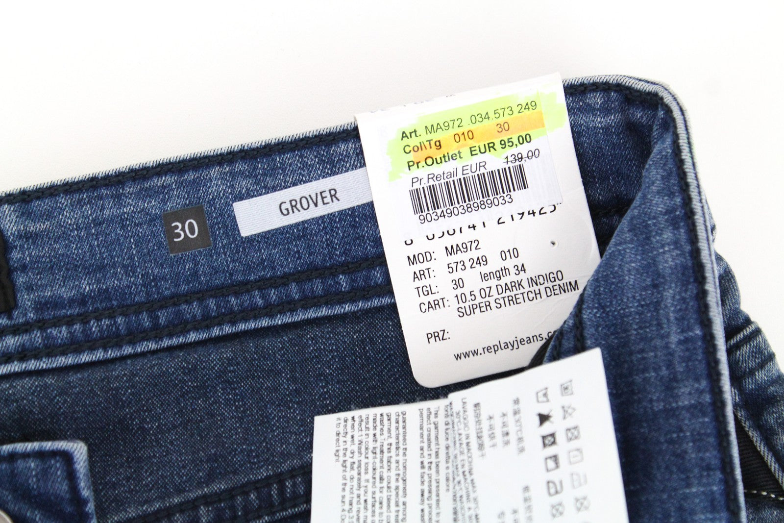 REPLAY Grover Men's Jeans W30/L34 Blue Straight Button-Fly Classic Stretch