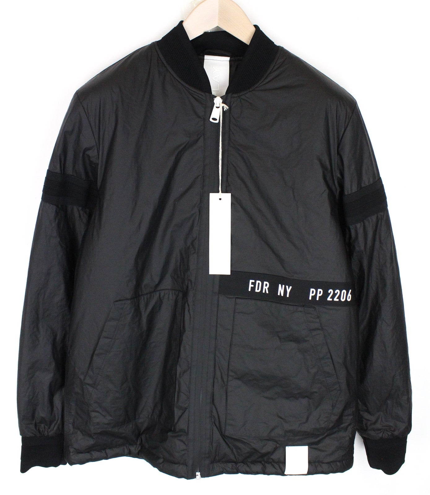 REPLAY Men's Jacket L Black Bomber Patched Zip-Up Ribbed Lined High Neck