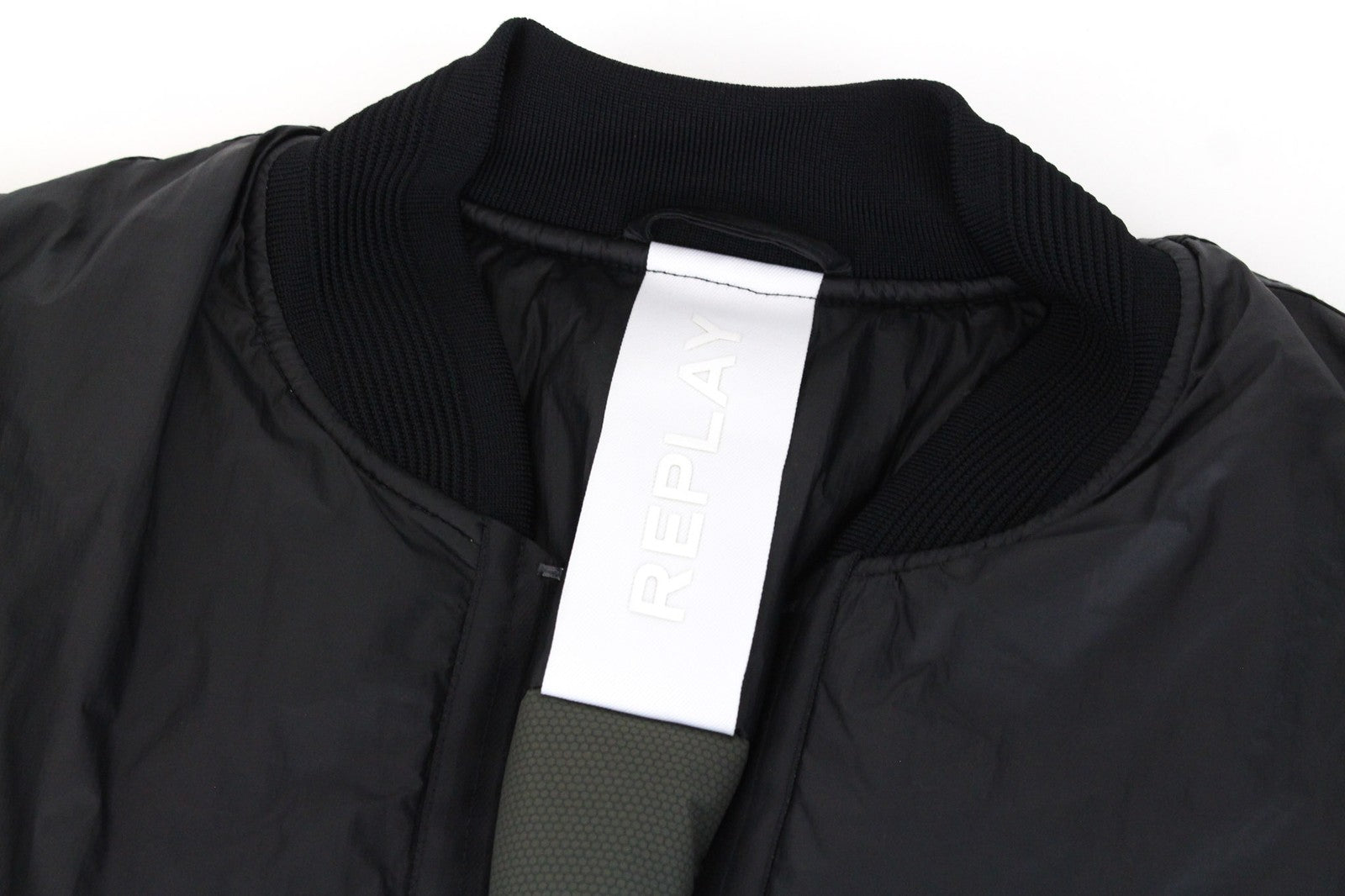 REPLAY Men's Jacket L Black Bomber Patched Zip-Up Ribbed Lined High Neck