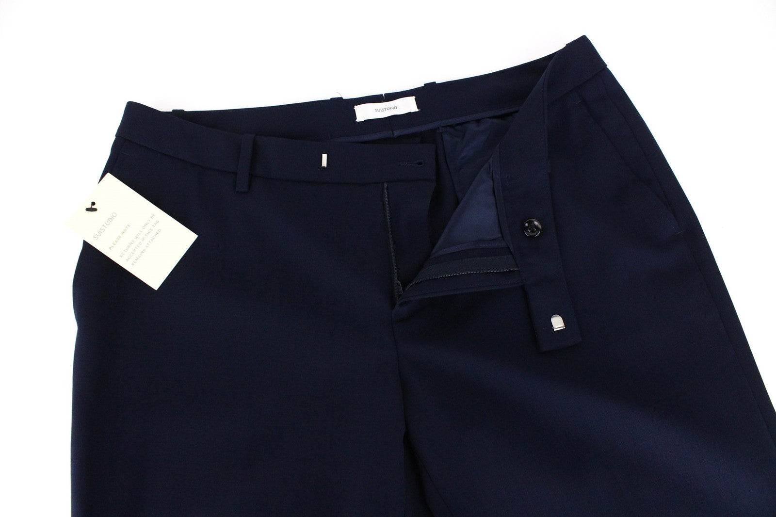 SUISTUDIO Robin moteriškos kelnės UK14 plonos mėlynos vilnonės plokščio priekio oficialios 