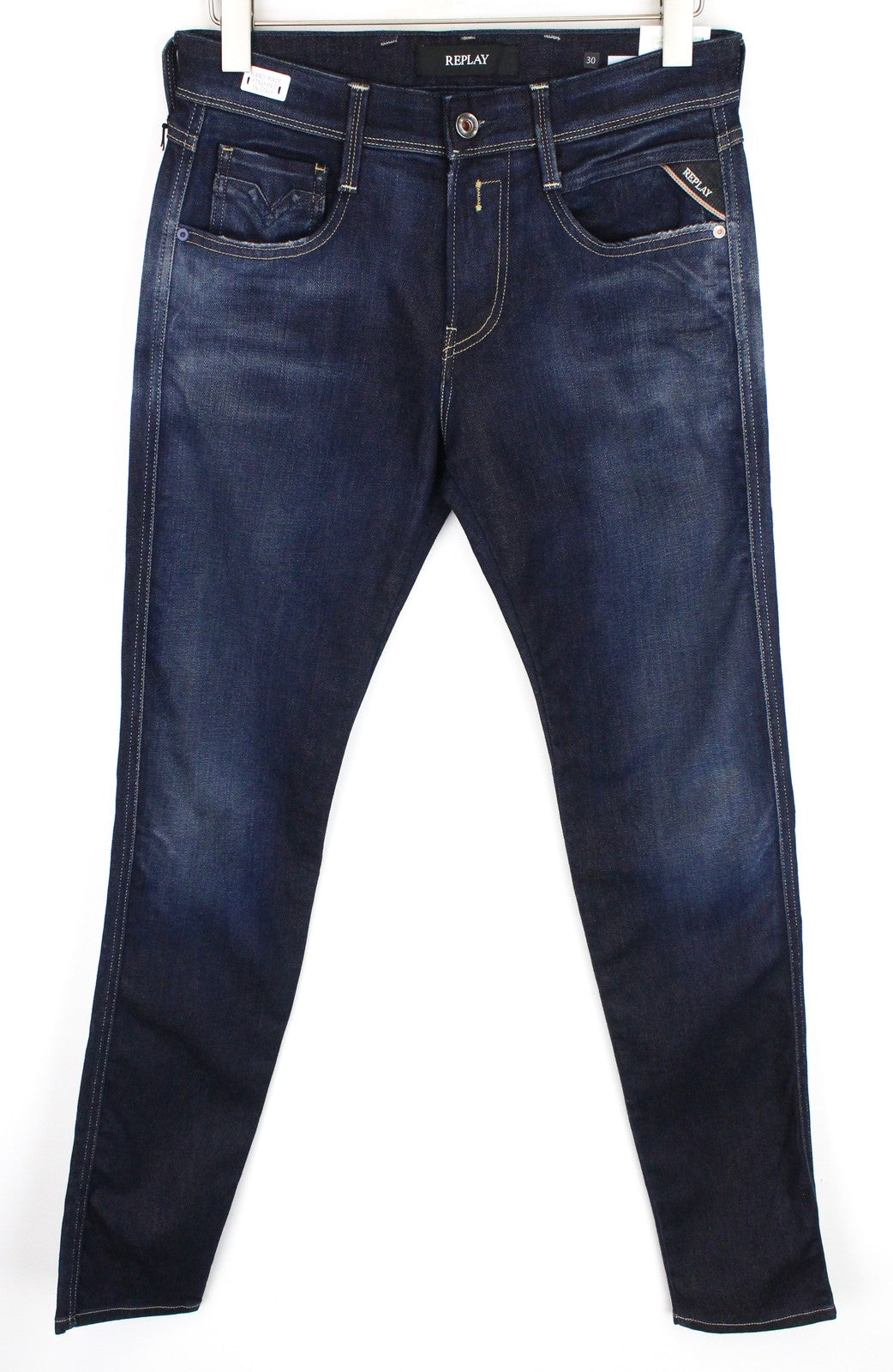 REPLAY Anbass Men's Jeans W30/L34 Dark Blue Slim Zip-Fly Ice Blast Stretch