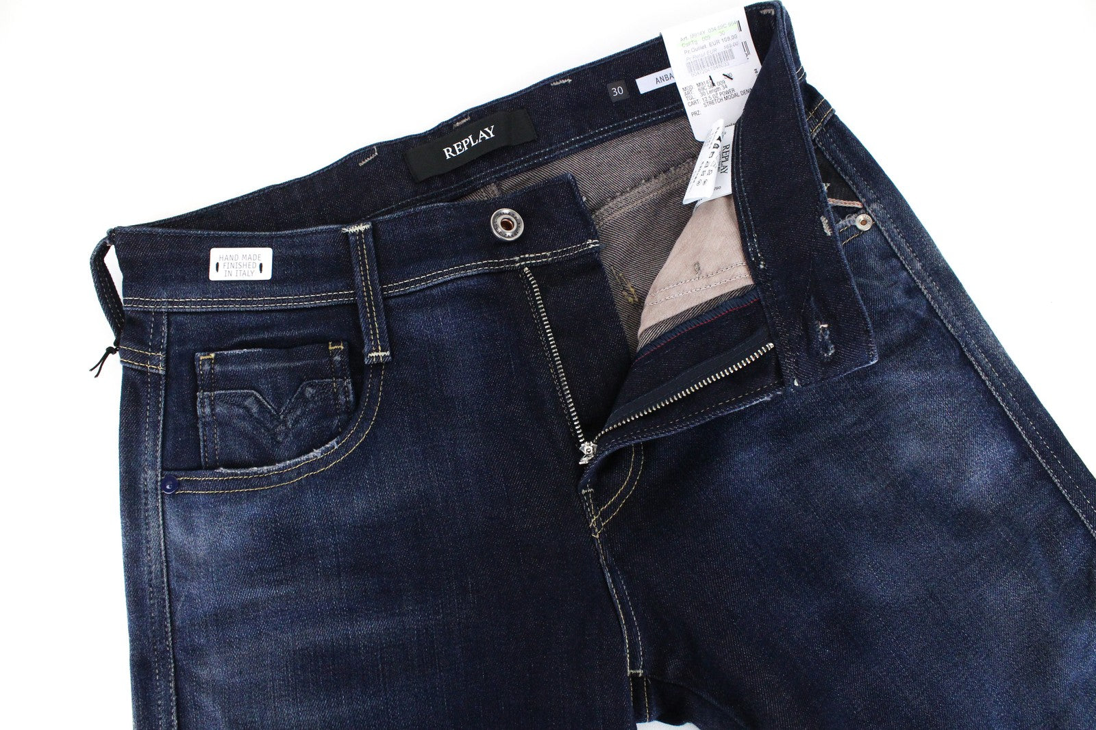 REPLAY Anbass Men's Jeans W30/L34 Dark Blue Slim Zip-Fly Ice Blast Stretch