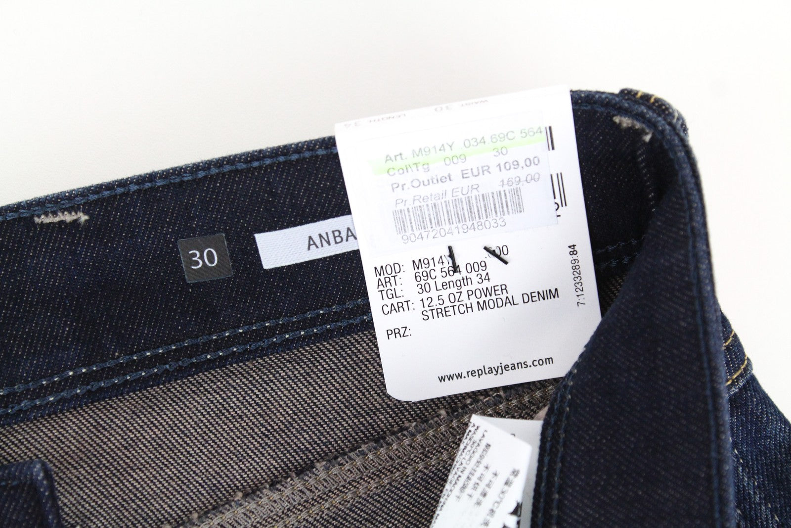 REPLAY Anbass Men's Jeans W30/L34 Dark Blue Slim Zip-Fly Ice Blast Stretch