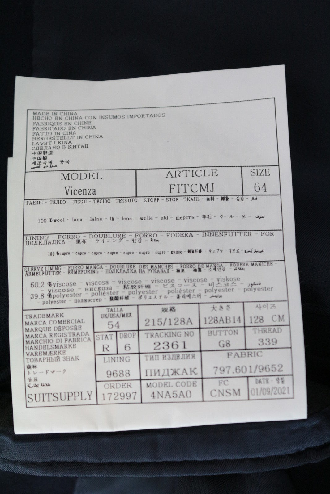 „SUITSUPPLY Vicenza“ vyriškas paltas, UK54R, tamsiai mėlynas, vilnonis, vieneilis, vidutinio ilgio paltas 