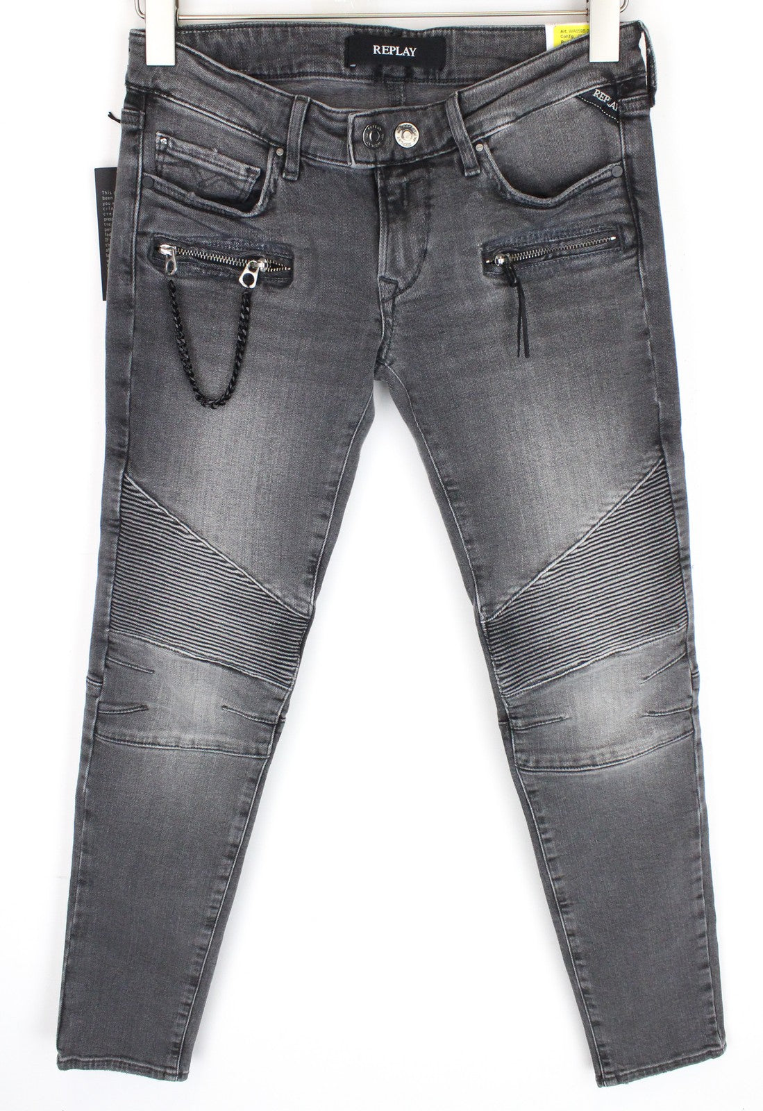 REPLAY Women's Jeans W26/L30 Mid-Grey Skinny Biker Stretch Denim Chained