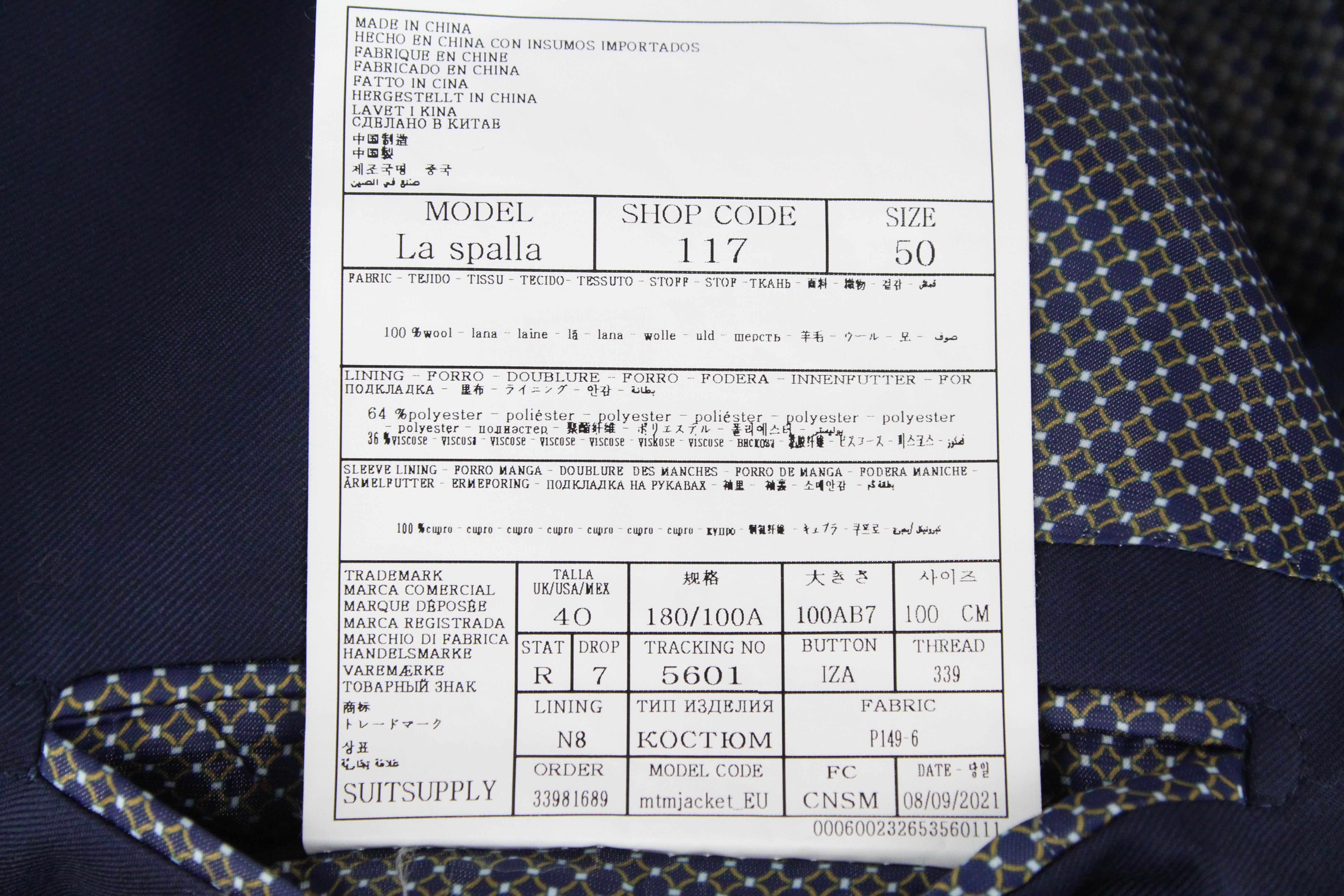 SUITSUPPLY La Spalla vyriškas kostiumas UK40R mėlynas vilnonis dviejų dalių pamušalu kostiumas 