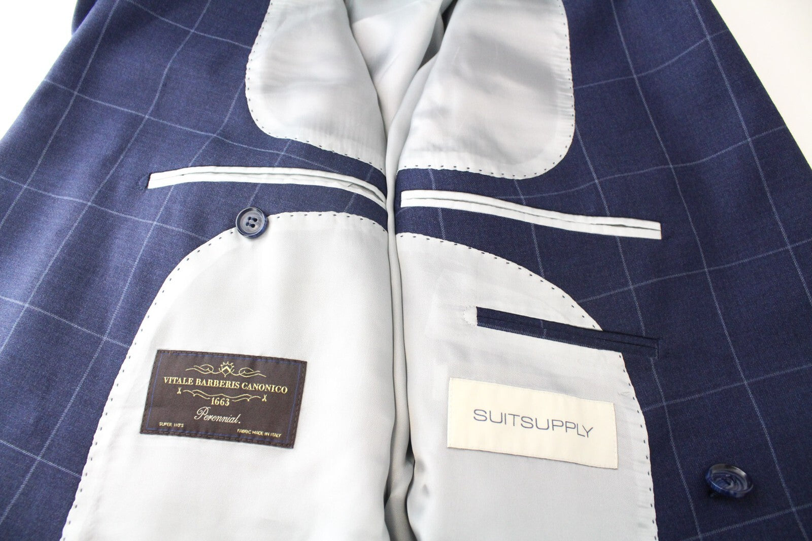 SUITSUPPLY Soho vyriškas dviejų dalių kostiumas, UK44L, mėlynas, vilnonis, dvieilis, languotas 