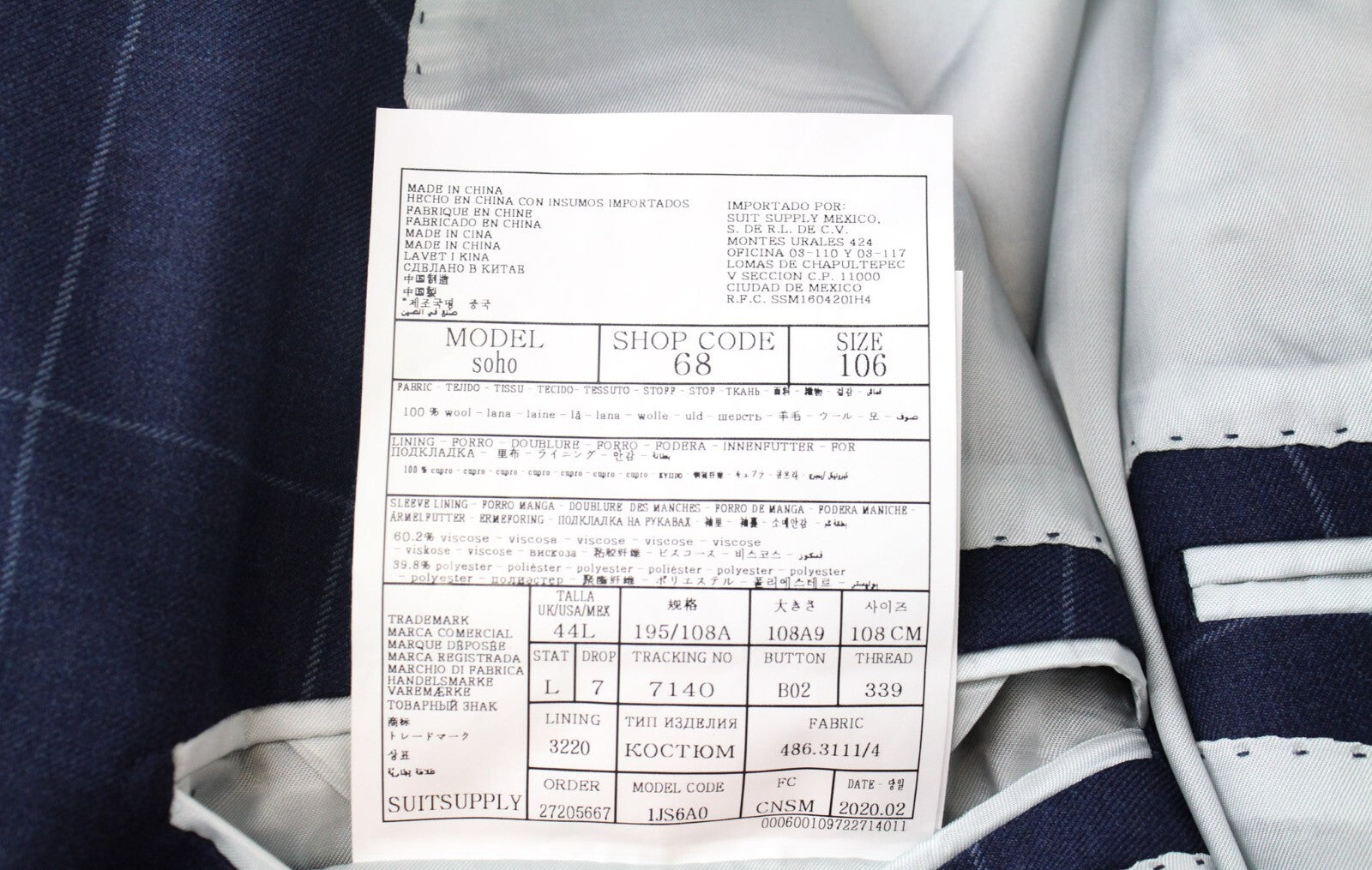 SUITSUPPLY Soho vyriškas dviejų dalių kostiumas, UK44L, mėlynas, vilnonis, dvieilis, languotas 