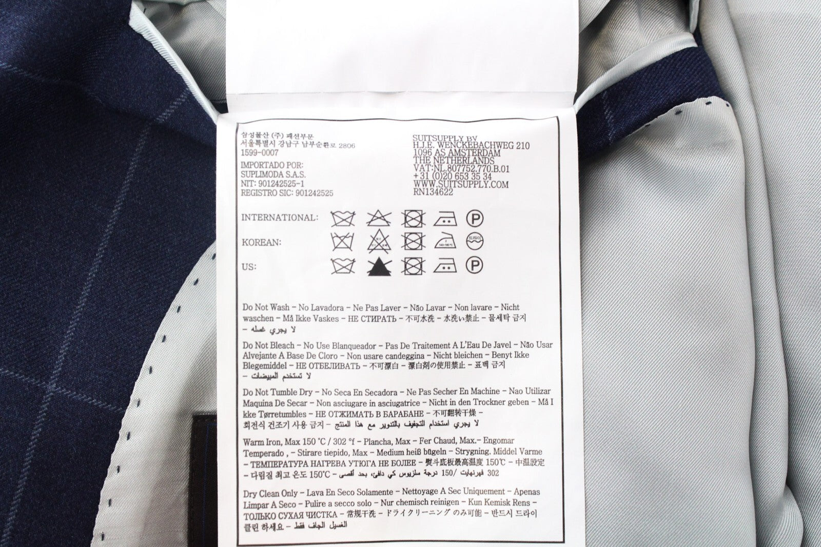 SUITSUPPLY Soho vyriškas dviejų dalių kostiumas, UK44L, mėlynas, vilnonis, dvieilis, languotas 