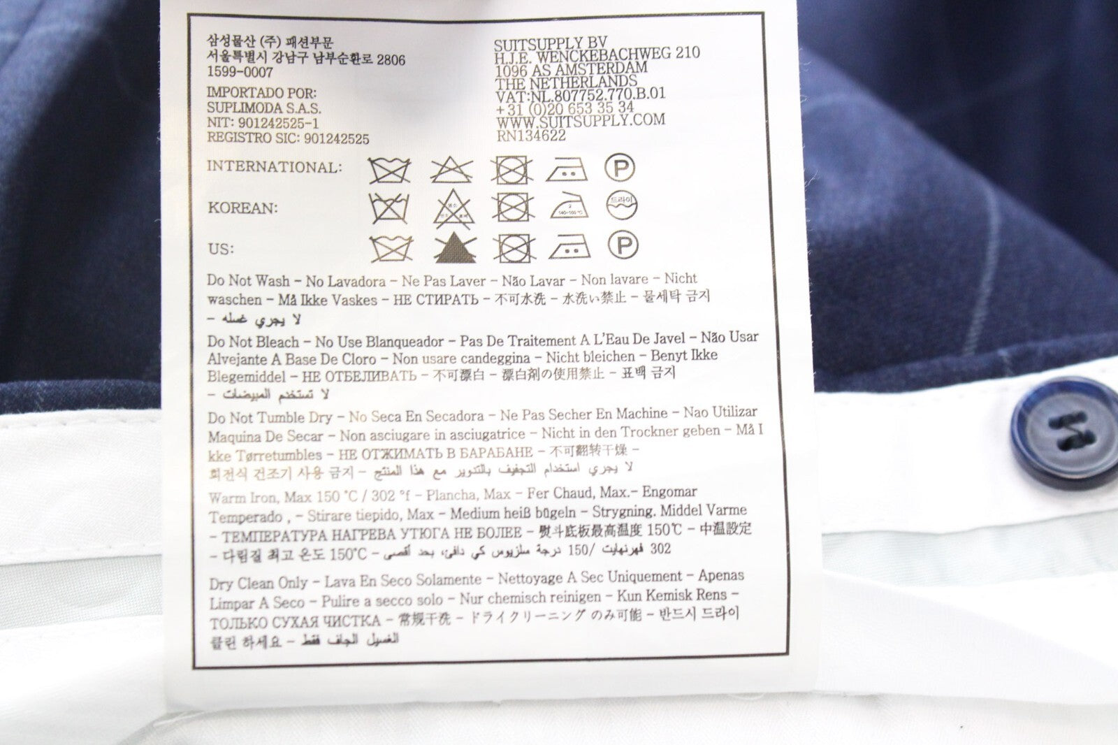 SUITSUPPLY Soho vyriškas dviejų dalių kostiumas, UK44L, mėlynas, vilnonis, dvieilis, languotas 