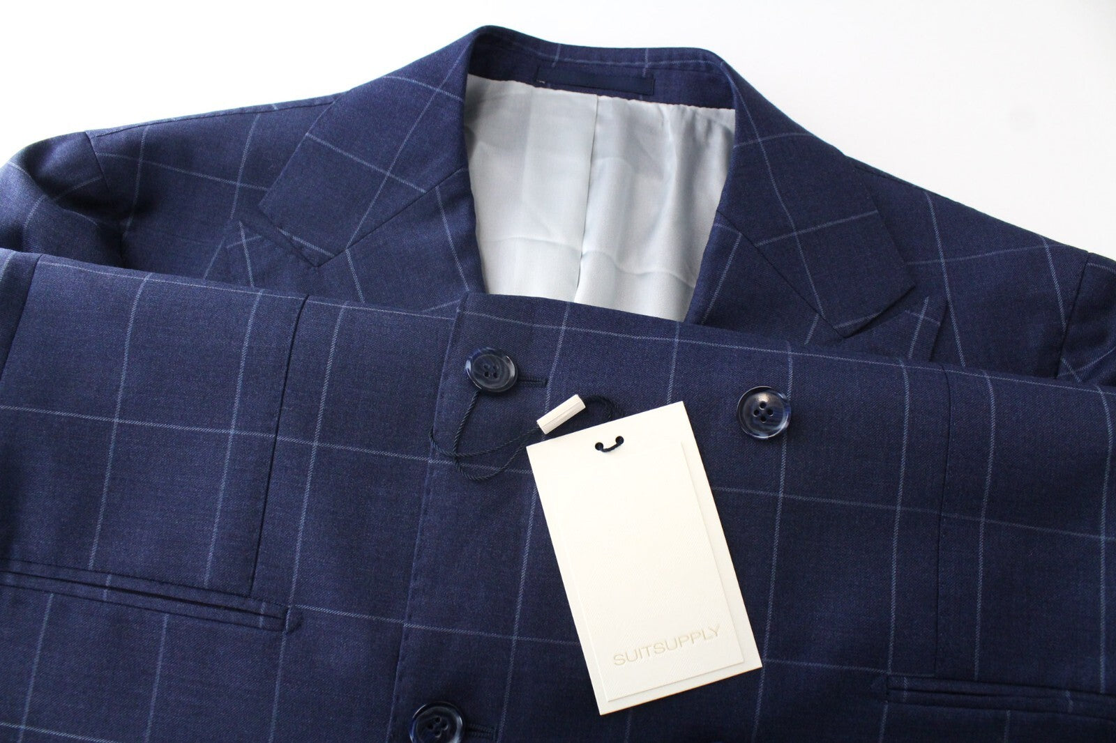 SUITSUPPLY Soho vyriškas dviejų dalių kostiumas, UK44L, mėlynas, vilnonis, dvieilis, languotas 