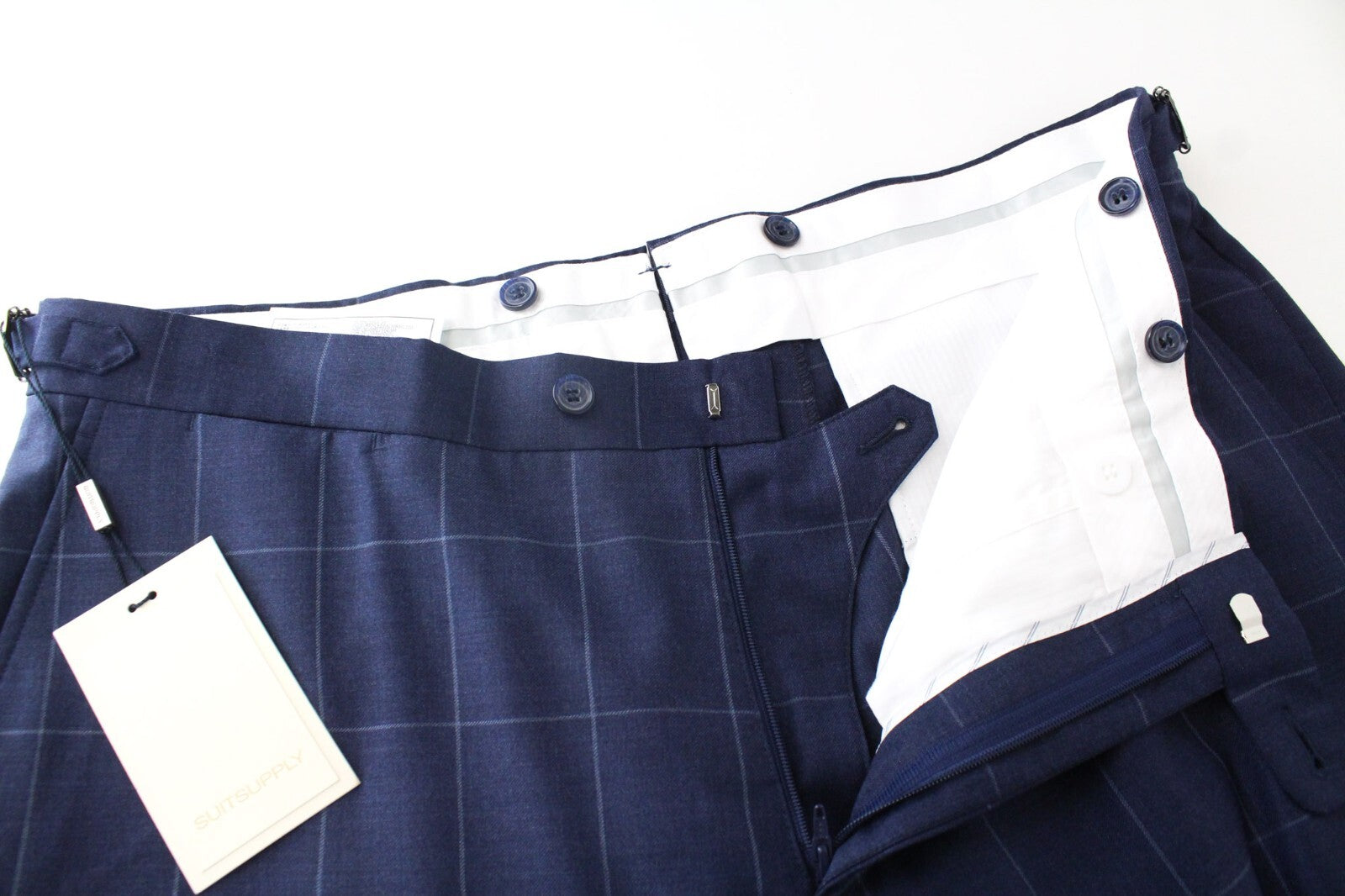 SUITSUPPLY Soho vyriškas dviejų dalių kostiumas, UK44L, mėlynas, vilnonis, dvieilis, languotas 