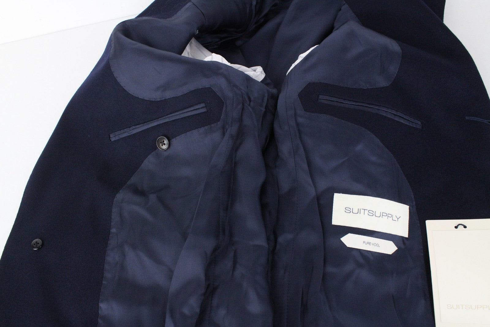 „SUITSUPPLY Vicenza“ vyriškas paltas, UK34R, mėlynas, vilnonis, vieneilis, su pamušalu 