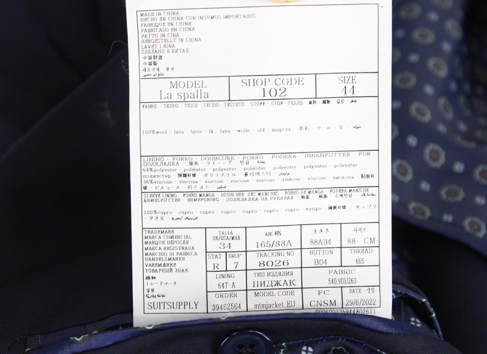 SUITSUPPLY La Spalla Men's Suit UK34R Blue Wool Lined 2-Piece Peak