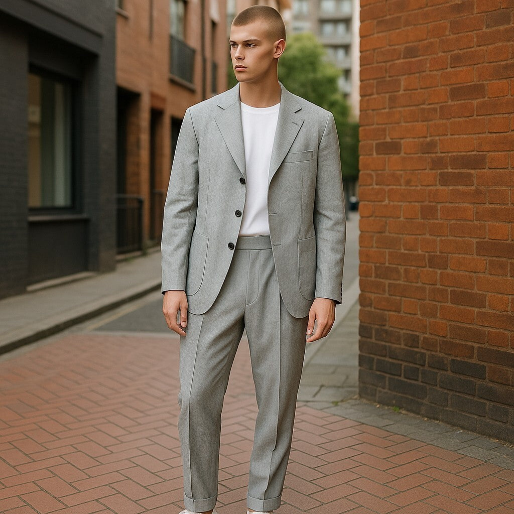 „SUITSUPPLY“ vyriškas kostiumas su „Havana Patch“ raštu, UK34R, pilkas, vilnonis, šilkinis, plonas, dviejų dalių 