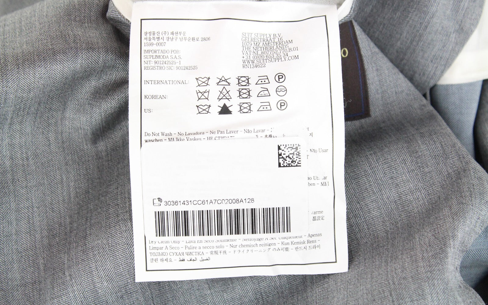 „SUITSUPPLY“ vyriškas kostiumas su „Havana Patch“ raštu, UK34R, pilkas, vilnonis, šilkinis, plonas, dviejų dalių 