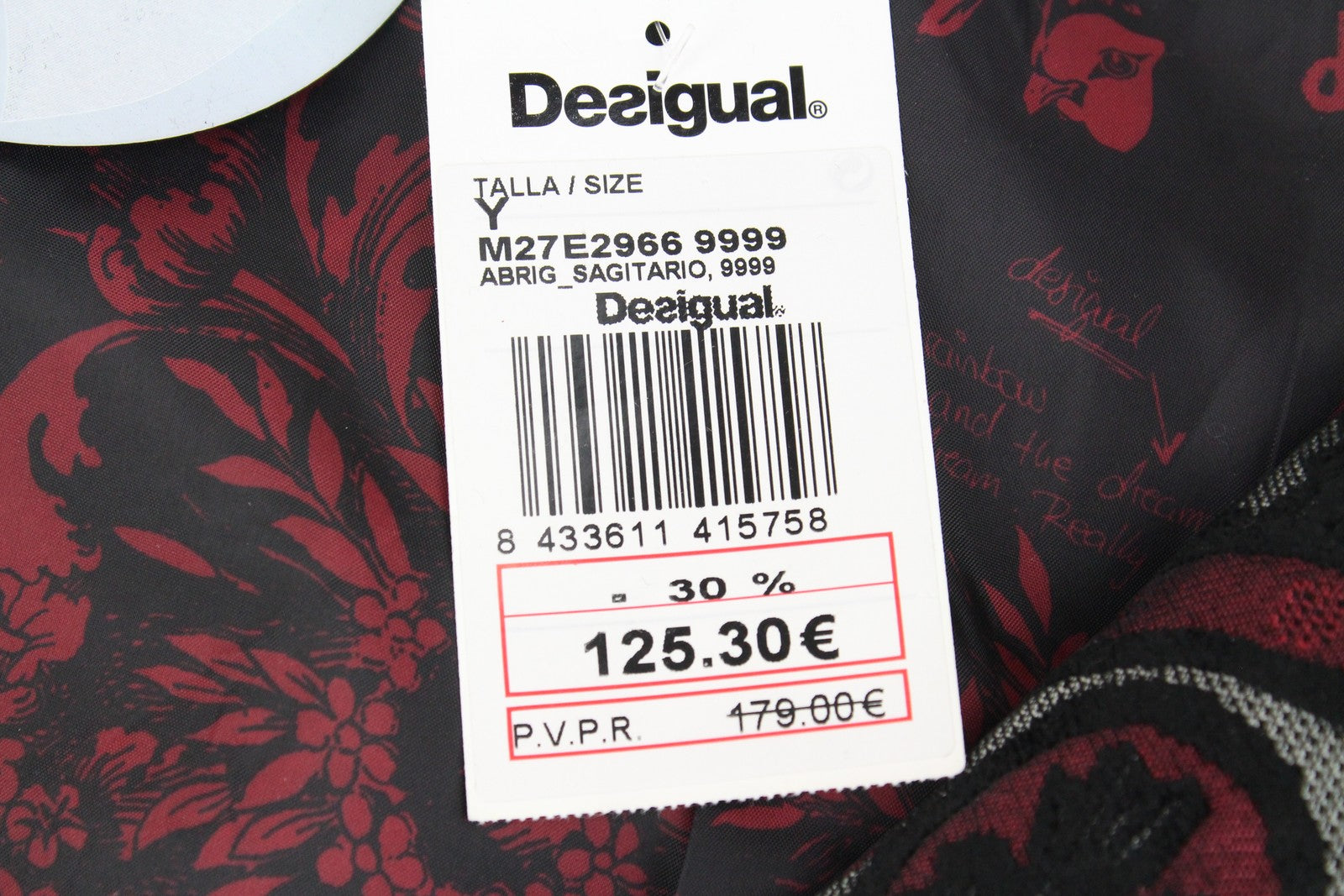 DESIGUAL Sagitario moteriškas paltas ~38 su gobtuvu, raudonas/pilkas, raštuotas užtrauktuku 