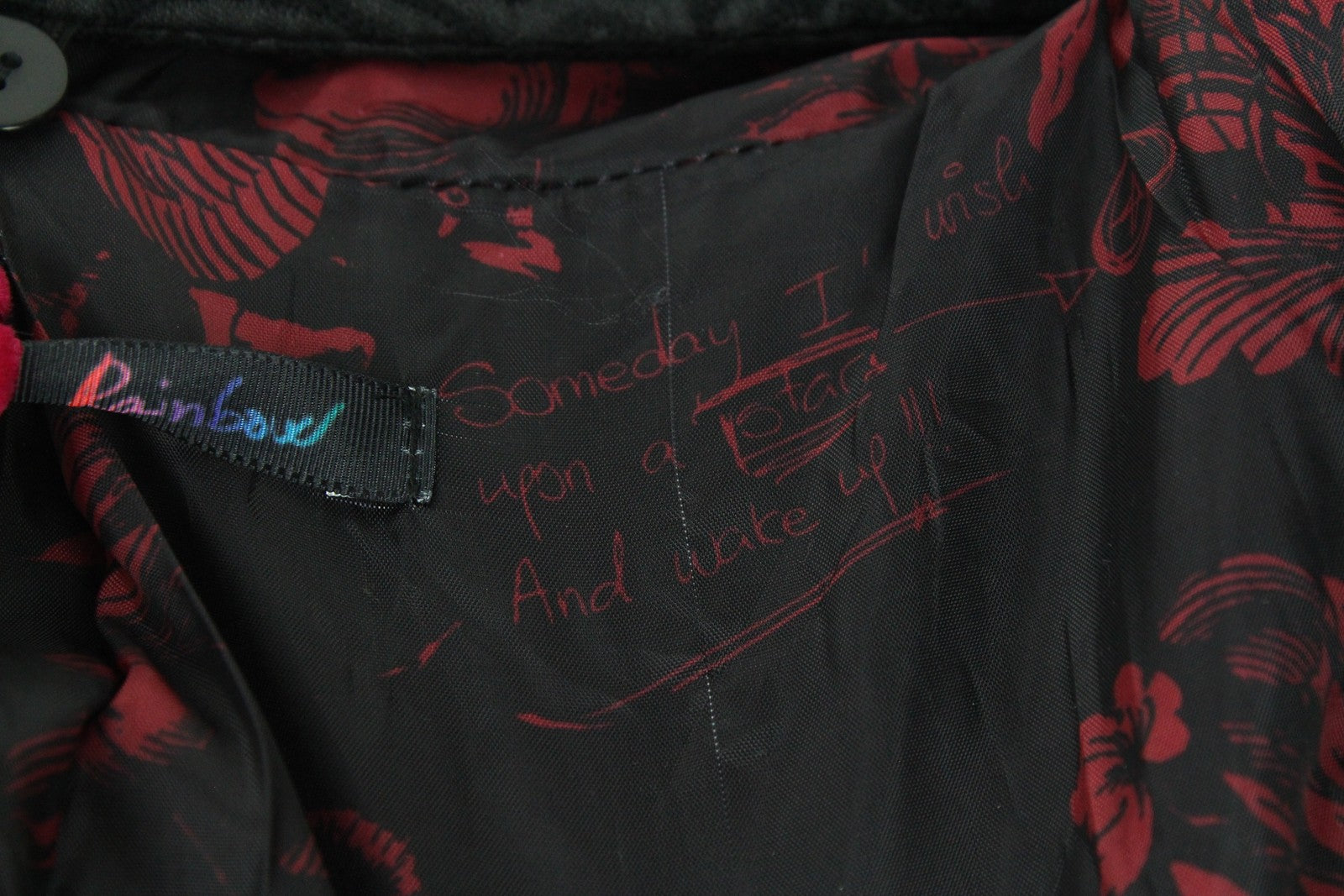 DESIGUAL Sagitario moteriškas paltas ~38 su gobtuvu, raudonas/pilkas, raštuotas užtrauktuku 