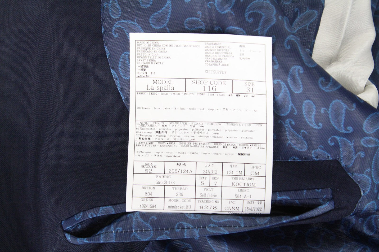 SUITSUPPLY La Spalla Men's Suit UK52S Blue Wool 2-Piece Slim Formal Classic Cut