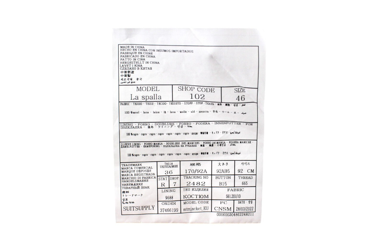 SUITSUPPLY La Spalla Men's Suit UK36R Blue 2-Piece Slim Fit Pure Wool Business