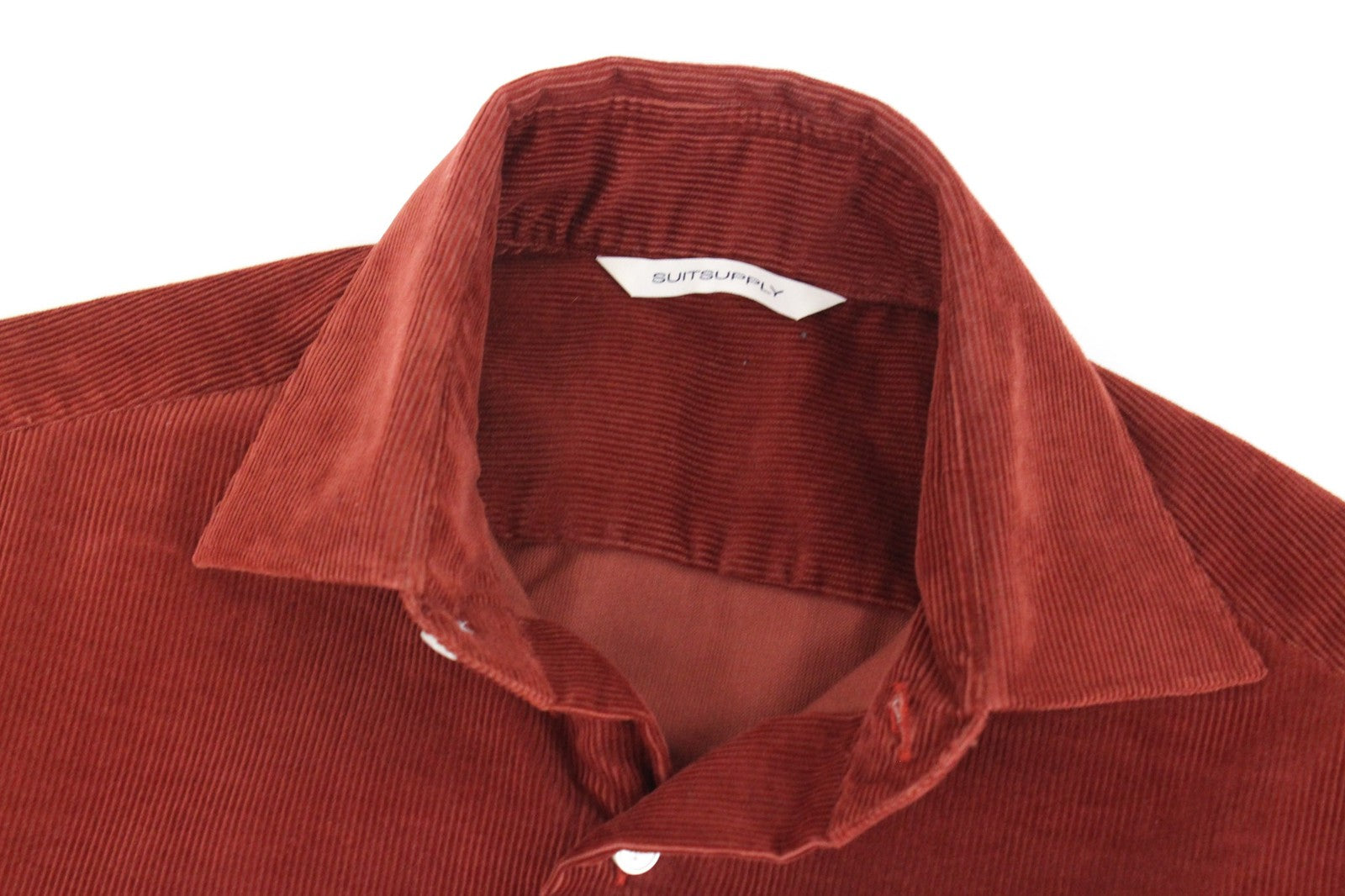 SUITSUPPLY vyriški marškiniai ~2XS raudoni medvilniniai velvetiniai priglundantys aksominiai marškinėliai su sagomis 