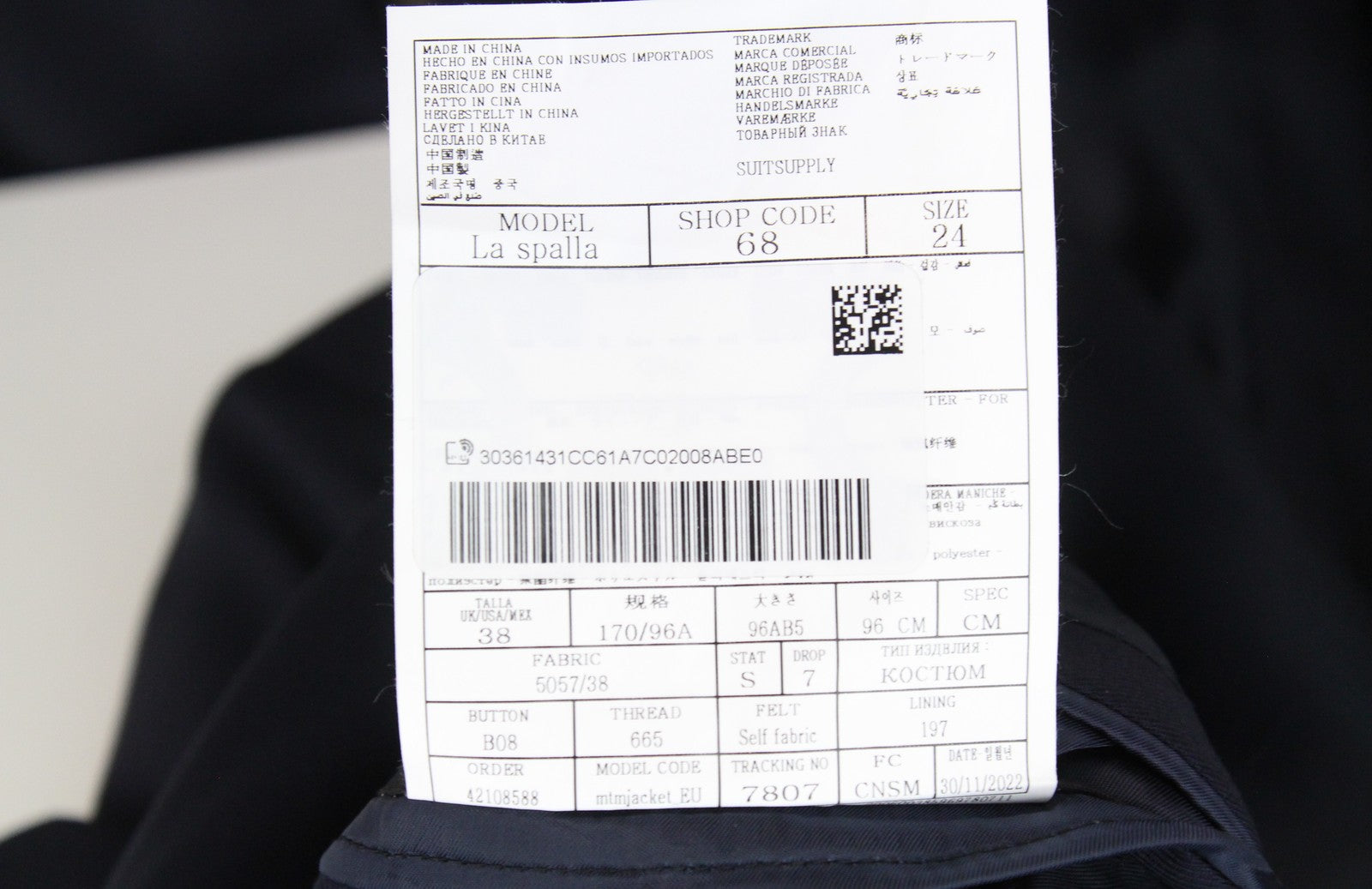 SUITSUPPLY La Spalla Men's Suit UK38S Blue Slim Fit S110s Wool Melange 2-Piece