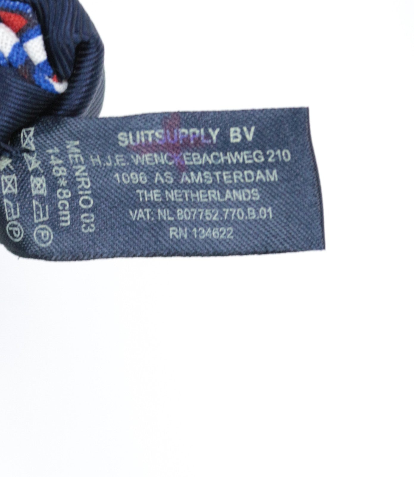 SUITSUPPLY vyriškas kaklaraištis mėlynas melanžas su grafiniais raštais, 148 x 8 cm, smailiais galais, formalus 