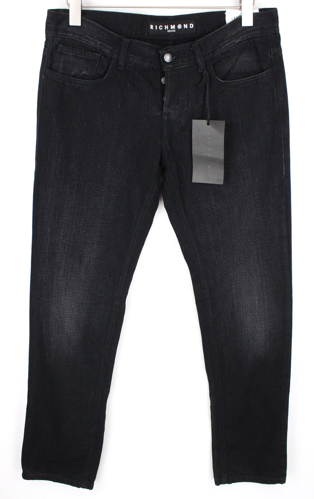 RICHMOND vyriški džinsai IT32 juodi, aptempti, klasikinio stiliaus, žemo liemens, su sagomis 
