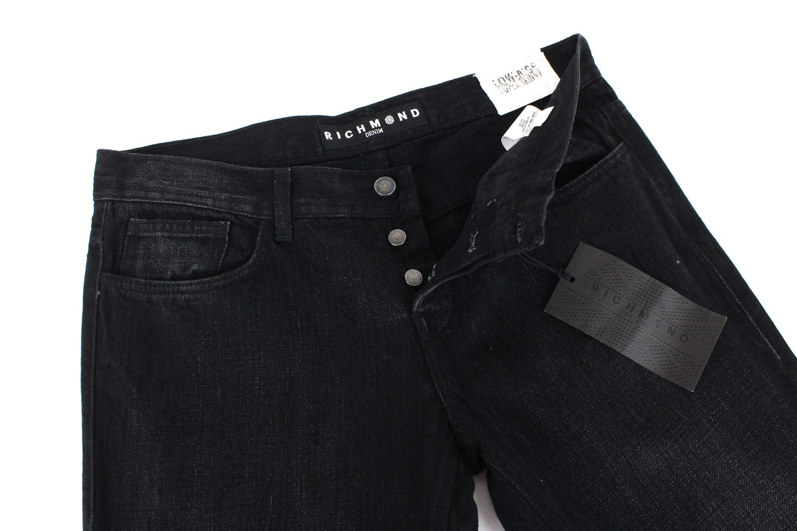 RICHMOND vyriški džinsai IT32 juodi, aptempti, klasikinio stiliaus, žemo liemens, su sagomis 