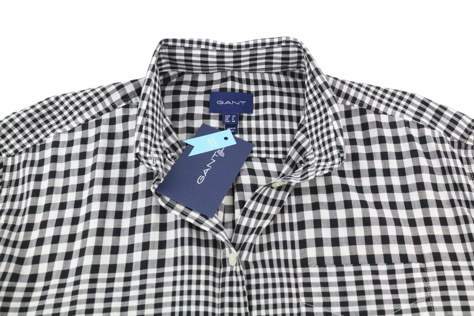 GANT „Houndstooth Relaxed“ moteriški marškinėliai, EU34, ploni flaneliniai, su sagomis ir platėjančia apykakle 