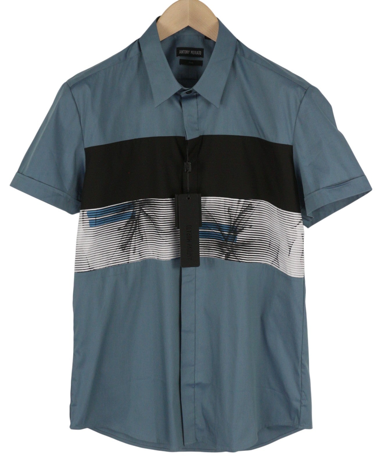 ANTONY MORATO Avio vyriški marškinėliai L dydžio, mėlyni, ploni, trumpomis rankovėmis, su sagomis užsegamais raštais. 