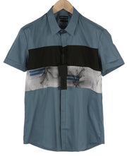 ANTONY MORATO Avio vyriški marškinėliai L dydžio, mėlyni, ploni, trumpomis rankovėmis, su sagomis užsegamais raštais. 