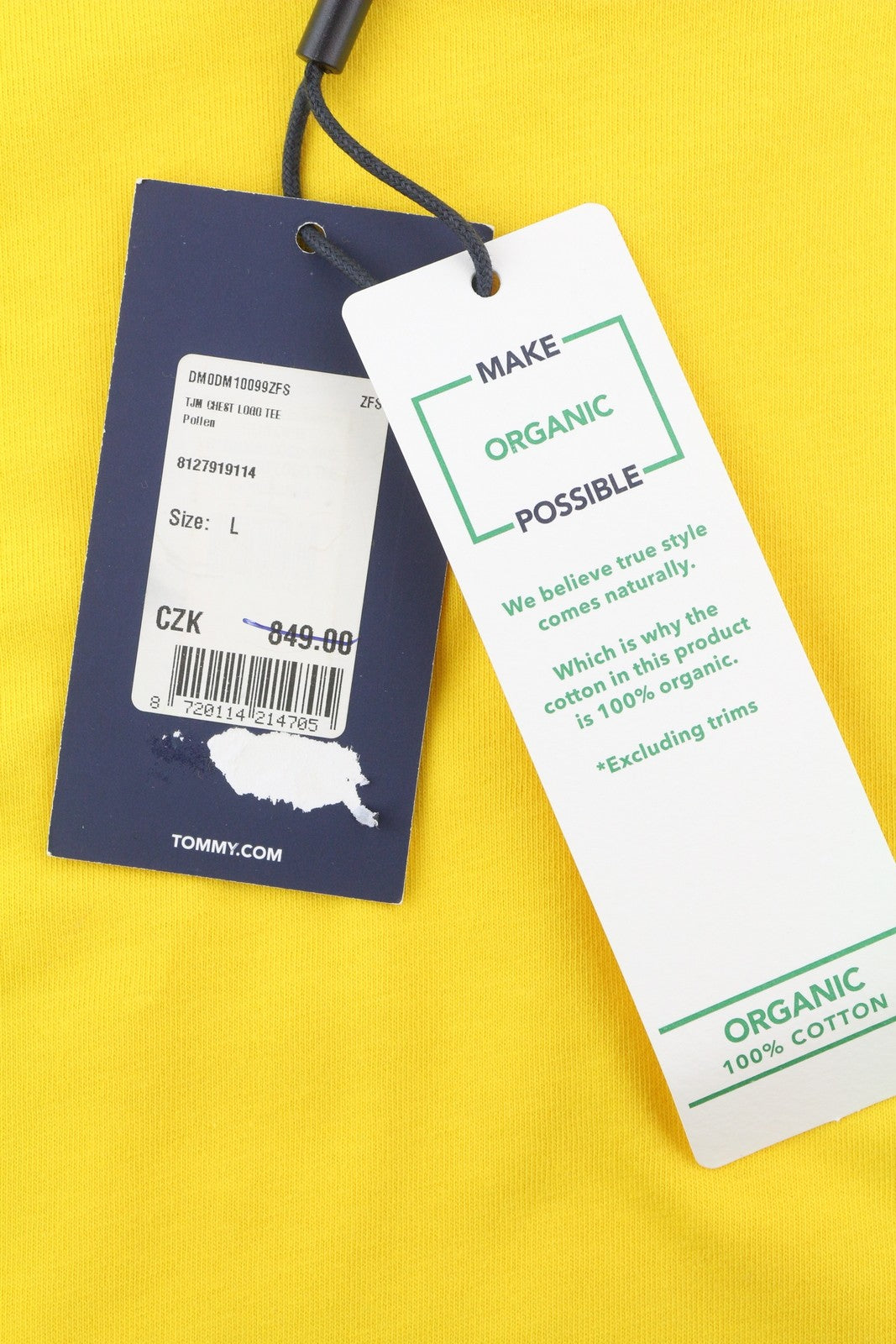 TOMMY HILFIGER TJM Chest Logo Pollen vyriški marškinėliai L dydžio, geltoni, trumpomis rankovėmis, apvalia kaklo iškirpte.