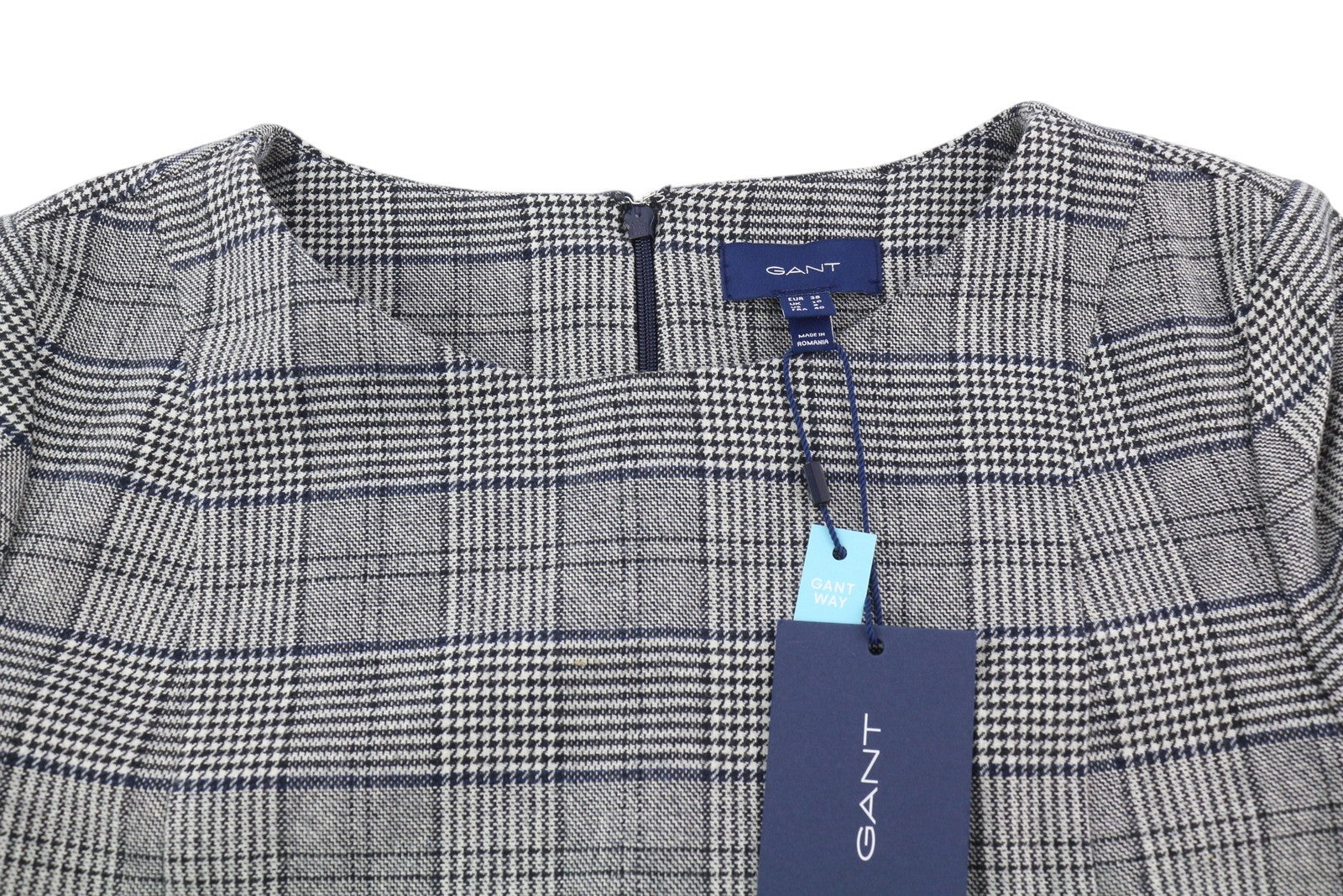 GANT languota platėjančios formos moteriška suknelė EU38 pilka 3/4 rankovėmis apvaliu kaklu languotas raštas mini 